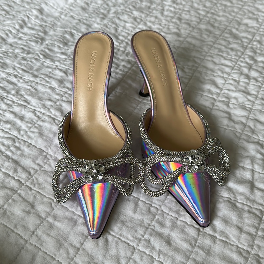Mach & Mach Double Bow Pointed Toe Mule Purple Holographic 36/5